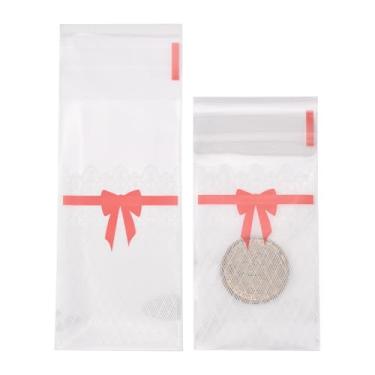 Imagem de Ipotkitt 96 peças de sacos retangulares de celofane de plástico com renda e padrão de laço rosa, selagem autoadesiva, pequenos sacos plásticos transparentes para doces, padaria, biscoitos, joias