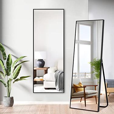 Imagem de Pexfix Espelho de corpo inteiro espelho de comprimento total com moldura de liga de alumínio preta espelho de comprimento total com suporte espelho montado na parede espelho suspenso para parede quarto banheiro decoração de sala de estar, 51" × 16"