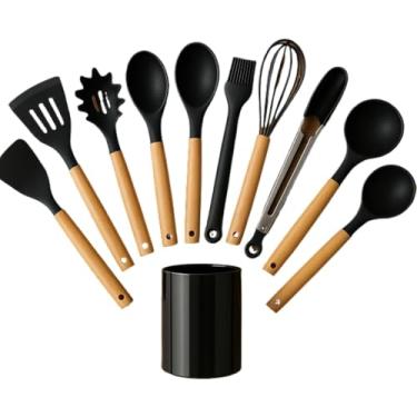 Imagem de Kit Utensílios de Cozinha 12 Peças – Silicone Térmico + Cabo de Madeira Bambu – Colheres, Espátulas, Pegadores e Fouet para Preparar Receitas com Praticidade