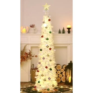 Imagem de SINTENILL Árvore de Natal pop-up de 1,8 m com luzes e decorações de temporizador, árvore de Natal artificial branca com enfeites de 24 bolas, árvore de lápis dobrável para casa, escritório, decoração