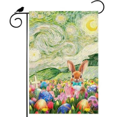 Imagem de ZAEW Ovos flores coelho Van Gogh pintura a óleo céu noturno estrelado lua páscoa jardim bandeira 30,5 x 45,7 cm dupla face pequena bandeira de quintal exterior decoração de festa de férias