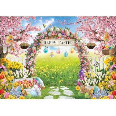 Imagem de Faixa de fundo Happy Easter 20 x 1,5 m, ovos coloridos, flores de coelho, fundo para fotografia de primavera, decoração de festa de Páscoa, suprimentos para fotos