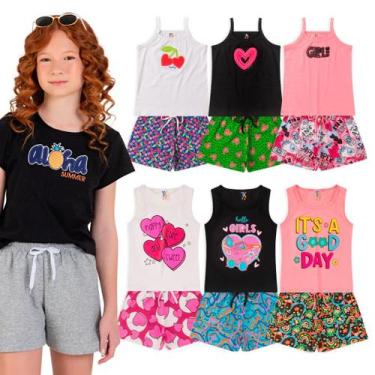 Imagem de Kit 6 Peças Infantil  3 Conjuntos Short Blusa Menina Feminino Estampad