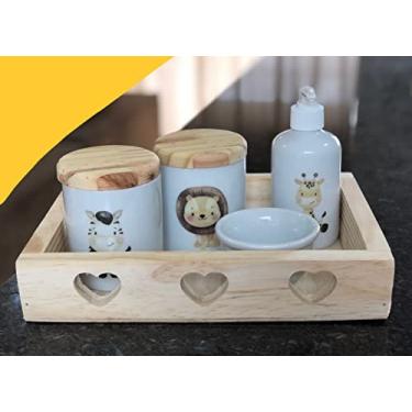 Imagem de Kit higiene bebê Safari 5 peças Menino - Bandeja, potes, porta álcool e molhadeira - Peças Porcelana Bandeja e tampas Pi