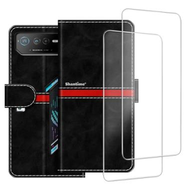 Imagem de ESACMOT Capa de celular compatível com Asus ROG Phone 6 + [2 unidades] película protetora de tela de vidro, capa protetora magnética de couro premium para Asus ROG Phone 6D (6,7 polegadas) preta