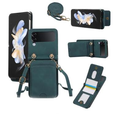 Imagem de Asuwish Capa de telefone para Samsung Galaxy Z Flip 3 5G 2021 capa carteira com alça de pulso de vidro temperado suporte de cartão acessórios celulares ZFlip3 Z3 Flip3 ZFlip 3Z mulheres homens verde