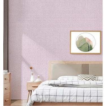 Imagem de Papel de parede 3D em relevo macio com textura de linho autoadesivo espesso anticolisão papel de parede de espuma de cor sólida para uso doméstico textura de linho flor de cerejeira rosa 50 * 1000 cm
