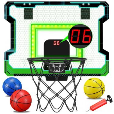 Imagem de Mini Tabela de Basquete OKKIDY Verde e Preta com Placar Eletrônico LED Portátil para Porta Uso Interno e Externo