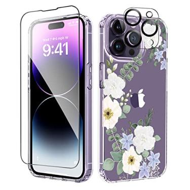 Imagem de MIODIK Capa compatível com iPhone 14 Pro com protetor de tela + protetor de lente de câmera, [antiamarelo] capa de telefone floral transparente, capa protetora à prova de choque para mulheres e