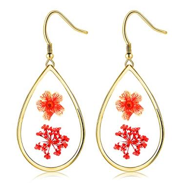Imagem de Brincos de flor prensada verdadeira flor seca coração gota brincos minimalistas bonitos brincos pendentes de resina acrílica para presente feminino, Metal, resina