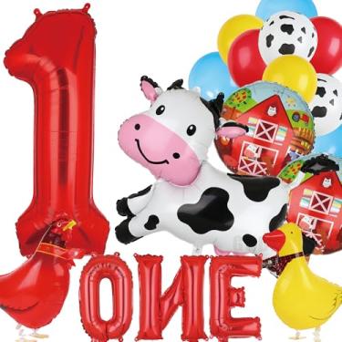 Imagem de 19 balões de animais de fazenda, balão de vaca, animais andando, galo de pato, 101 cm, grande número 1, uma letra, bandeira, balão, tema de animais de fazenda, suprimentos para decoração de festa de