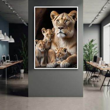 Imagem de Quadro com Moldura Leoa 3 Filhotes Decorativo Grande Sala Quarto Hall