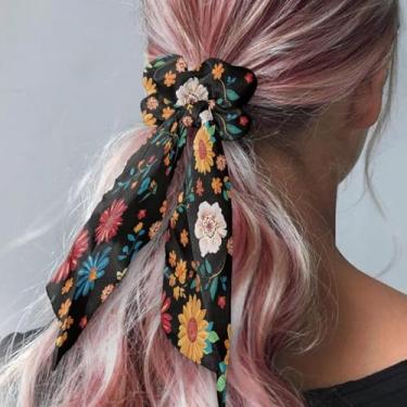 Imagem de Cachecol de cabelo floral com orelhas de coelhinho de fita, laço de flor esmagada, laços de cabelo com laço de rabo de cavalo para mulheres e mulheres