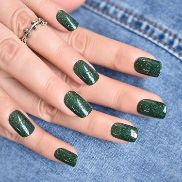 Imagem de 24 peças de unhas postiças quadradas curtas unhas postiças de Natal verde glitter unhas postiças ponta francesa cobertura completa cola em unhas para mulheres acabamento de férias reutilizável