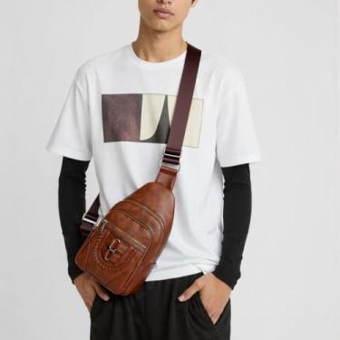 Imagem de Bolsa tiracolo pequena para mulheres | Bolsas de cintura modernas com alça de guitarra | Pochetes femininas (marrom brilhante), Marrom, Transparente