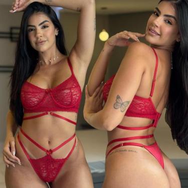Imagem de Conjunto De Lingerie Renda Sem Bojo Com Aro - Lolla, G, Vermelho