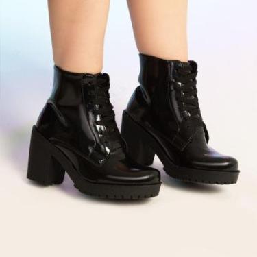 Imagem de Bota Feminina Coturno Cano Curto e Fosco Salto Tratorado Preta-Feminino