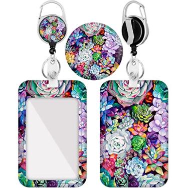 Imagem de Plifal Suporte de crachá com carretel retrátil, plantas suculentas flor ID etiqueta de nome clipe de crachá de trabalho resistente capa protetora de cartão vertical para trabalho escritório enfermeira médica estudante professor mulheres