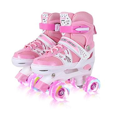 Imagem de Patins para meninas e crianças, patins ajustáveis de 4 tamanhos, com todas as rodas iluminadas, iluminação divertida para meninas e crianças, patins para crianças iniciantes, pequeno (12J-2), rosa