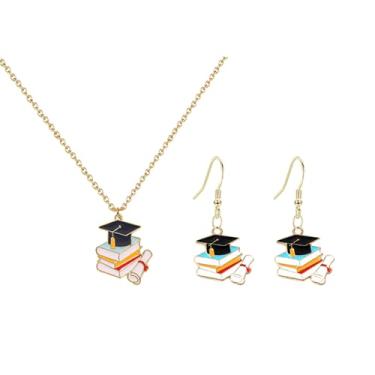 Imagem de Conjunto de joias de boné de formatura engraçado esmaltado chapéu de formatura universitário parabéns livro de graduação flores brincos pendentes colar para mulheres amizade BFF estudantes ensino