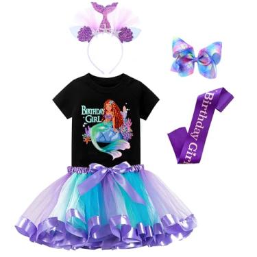 Imagem de Conjunto de roupa de aniversário de sereia – camisa, vestido tutu arco-íris, faixa de cetim, faixa de cabeça – presentes de aniversário para fantasia de meninas (sereia 9, 7 anos)