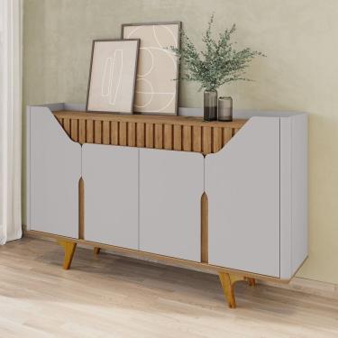 Imagem de Aparador Buffet 4 Portas Mdf Ripado Real Pés De Madeira Maciça Tâmisa Off-white/cinamomo