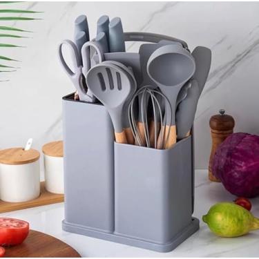 Imagem de Kit 19 Peças Jogo de Utensílios Para Cozinha em Silicone Com Cabo de Madeira Completo/Antiaderente (BRANCO)