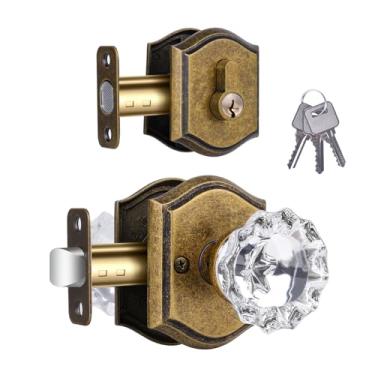 Imagem de CLCTK Conjunto combo de maçaneta de porta de passagem de vidro cristal e fechadura de cilindro único, acabamento em latão antigo