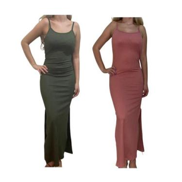 Imagem de KIT C/2 Vestidos Longo Canelado com Fenda - Emporio J, Militar, Rose, 