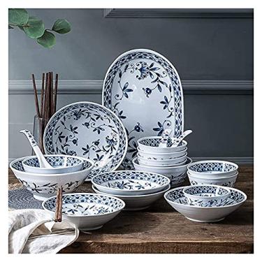 Imagem de Conjunto de jantar elegante para restaurante e casa, conjunto de jantar de cerâmica, conjunto de louça de porcelana azul e branca com 45 tigelas de cereais e pratos de bife