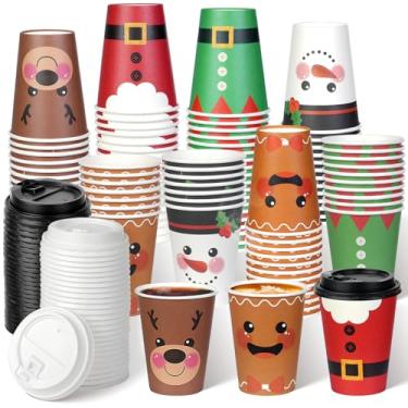 Imagem de Hallswl 100 peças de copos de papel de Natal de 473 ml com tampas, xícaras de café descartáveis de Natal para bebidas frias, chocolate de cacau quente, bebendo, duende, papai noel, boneco de neve