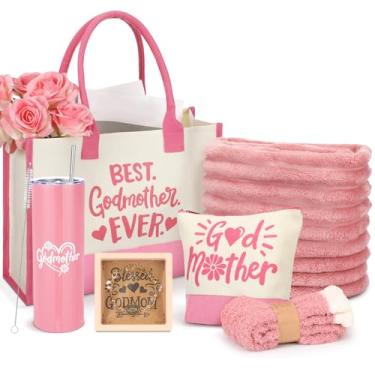 Imagem de Geiserailie Conjunto de 6 peças de presente de pedido de madrinha inclui copo de aço inoxidável com saco de palha madrinha bolsa de maquiagem cobertor pulseira meias rosa madrinha conjunto de