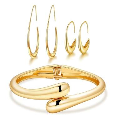 Imagem de Paxuan Conjunto de 5 peças de pulseiras de ouro, brincos ovais de argola para mulheres, brincos de argola de lágrima, conjunto de pulseiras para mulheres, joias de presente, one size, Latão, Sem Pedra