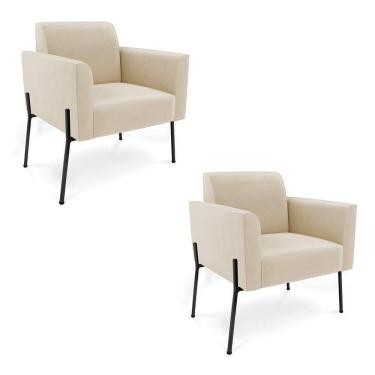 Imagem de Poltrona Pé De Ferro Preto Para Sala Kit 2 Marisa Suede Bege