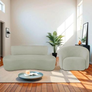 Imagem de Kit Recamier Curvo Amsterdã 160cm E Poltrona Amore Luxo Bouclé Cor Verde Oliva