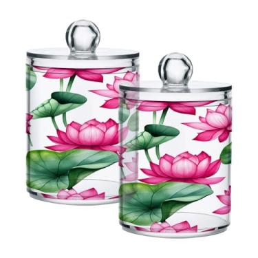 Imagem de Qilmy Qtip Suporte de 400 ml, frasco de armazenamento de boticário de plástico transparente de flores de lótus com tampa, dispensador de recipiente de banheiro para bola de algodão, cotonete, fio