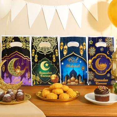 Imagem de 50 peças de sacos de presente Eid Mubarak, estampa do castelo da lua dourada Ramadã de plástico de cor escura com alça, bolsa de lanche para lembrancinha de festa islâmica muçulmana, decorações de