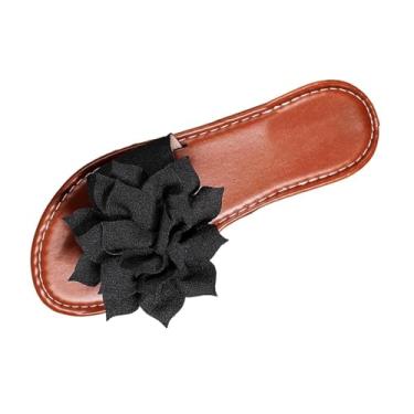 Imagem de Chinelo feminino moderno casual cor sólida floral tecido plano peep toe bico redondo, flock superior exterior interior casual desgaste baixo confortável, Preto, 36