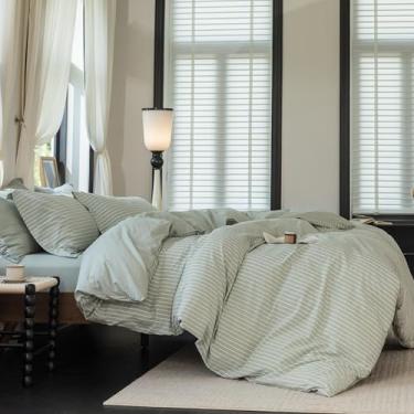 Imagem de Warm Moment Conjunto de capa de edredom reversível, 100% algodão lavado, listras verdes, sensação de linho, capa de edredom tamanho casal com fecho de zíper e 2 fronhas, verde celadon celadon verde