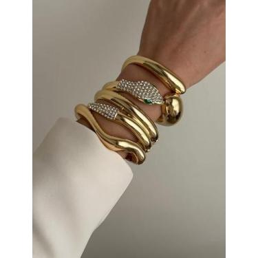 Imagem de Bracelete Grosso Largo Dourado Serpente Cravejado Enrolado Cobra Duplo