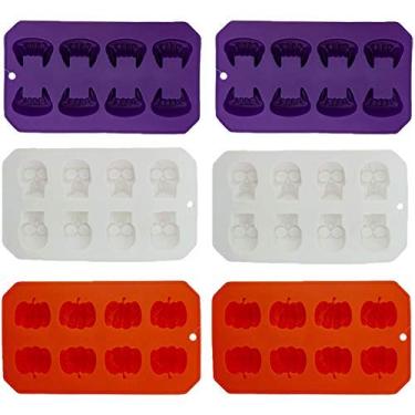 Imagem de Conjunto de 6 bandejas assustadoras de cubos de gelo em forma de Halloween/moldes de comida – (2) caveira e ossos, (2) aranha e teias, (2) caveiras (6)