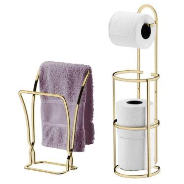 Imagem de Kit Banheiro Dourado Porta Toalha Duplo + Porta Papel Higiênico Triplo