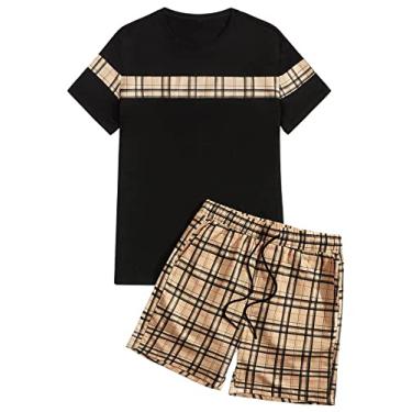 Imagem de OYOANGLE Conjunto de 2 peças de camiseta masculina de manga curta e shorts xadrez, Xadrez cáqui preto, P