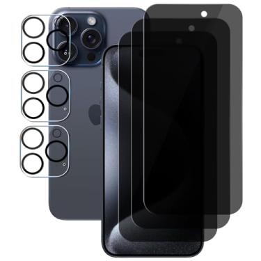 Imagem de UZWZW (3+3) Para iPhone 15 Pro Max (6,7 polegadas) (pacote com 3) Película de vidro temperado privada antiespião e (3 unidades) Protetor de lente da câmera [Não afeta o flash], dureza 9H,