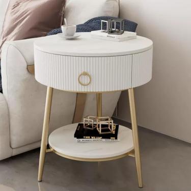 Imagem de Mesa lateral redonda, mesa de cabeceira, sofá com gaveta e prateleira aberta, mesas de cabeceira com estrutura de metal para sala de estar/quarto/espaço pequeno, branco, pés dourados