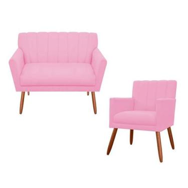 Imagem de Kit Namoradeira + 1 Poltrona Decorativa Cecília Suede Rosa Bebê Pés Ma