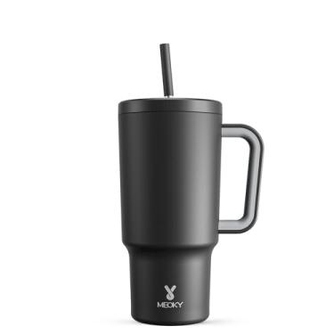 Imagem de Meoky Copo de 850 g com alça, copo com tampa e canudo, caneca de viagem de aço inoxidável isolada, 100% à prova de vazamento, compatível com porta-copos, mantém frio por 24 horas ou quente por 8 horas