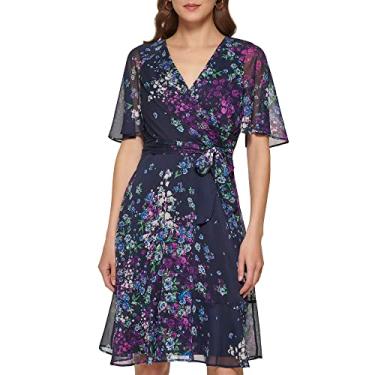 Imagem de DKNY Vestido feminino justo e flare com gola V e manga, Mdnght/Bl Lgoon, 36