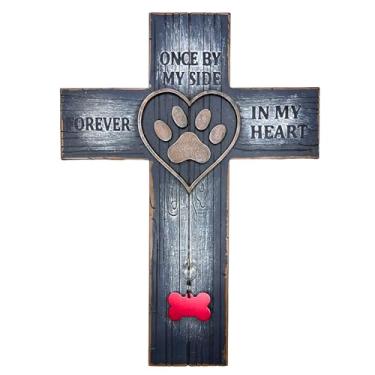 Imagem de Top Brass Cruz de parede memorial para animais de estimação – impressão de pata e coração com nome/etiqueta de raiva, gancho de coleira – Once by My Side Forever in My Heart – decoração de simpatia de