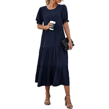 Imagem de PRETTYGARDEN Vestido feminino casual de verão, boêmio, estampa floral, babado, bufante, manga curta, midi rodado, vestidos de festa na praia, Azul-marinho liso, G
